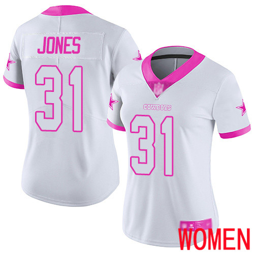 Women Dallas Cowboys Limited White Pink Byron Jones #31 Rush Fashion NFL Jersey->women nfl jersey->Women Jersey